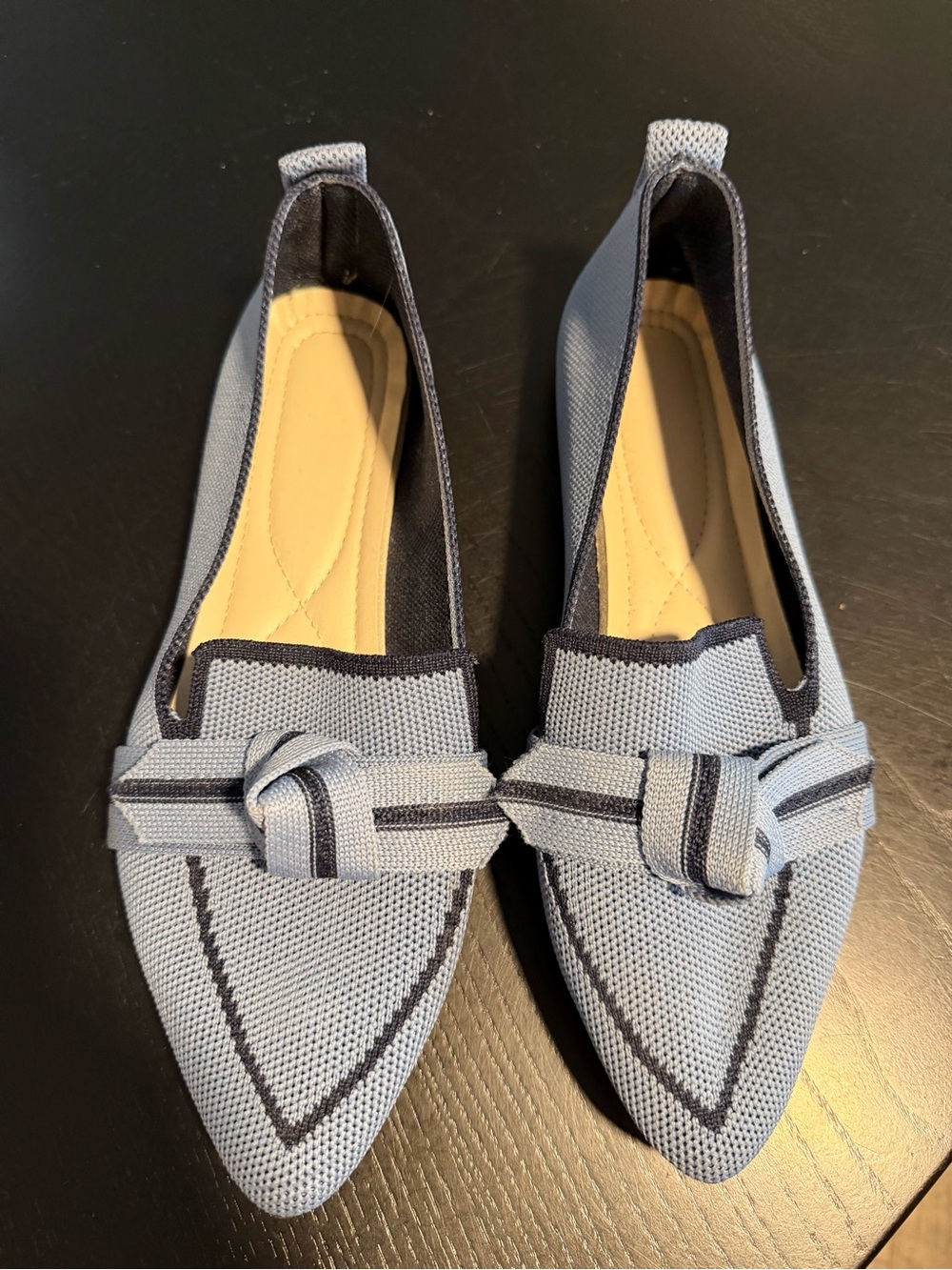 Navy Trim Light Blue Knit Pointed Toe Flats with Loafer Flats Comfortable Bow
